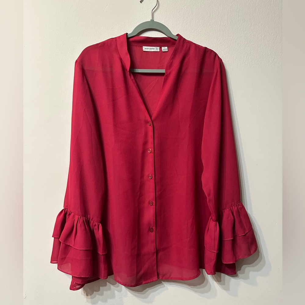 Susan Graver Red Ruffle Sleeve Button Front V-Neck Blouse Women's Size L